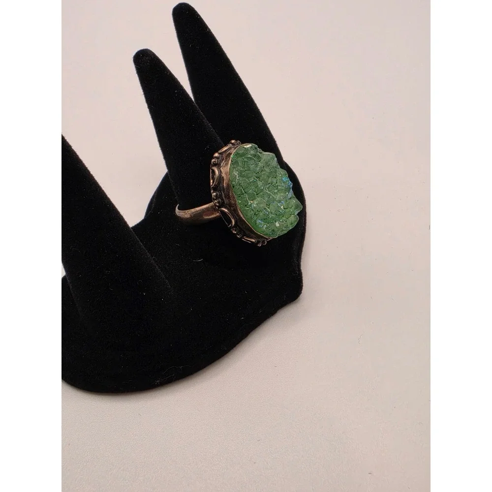 Vintage Style Green Druzy Statement Ring 925‎ Sterling Silver Size 7.5